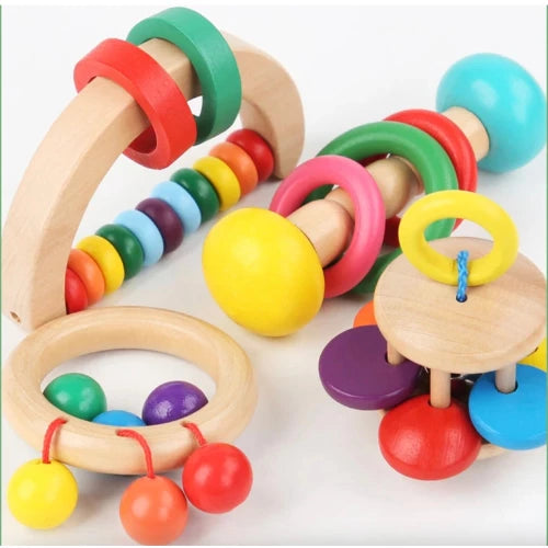 1pc Baby Toys Beech Wooden Rattle, Hand Bells, Newborn Montessori Educational Toys