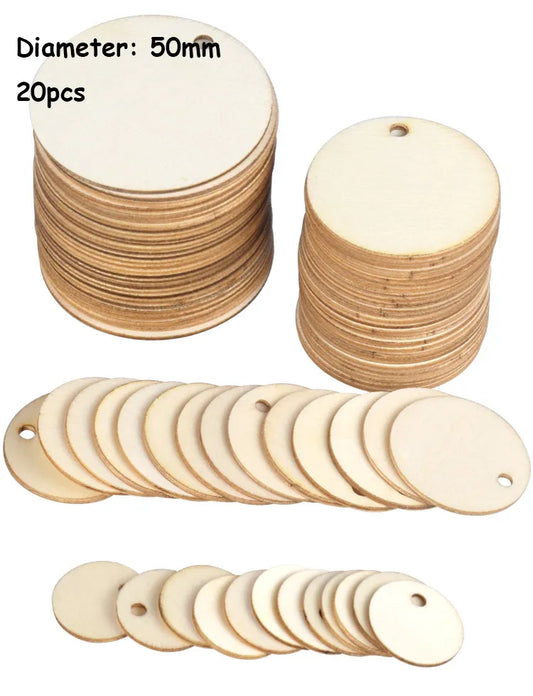 20-50Pcs Natural Unfinished Round Wooden Discs with Hole  - Loose Parts
