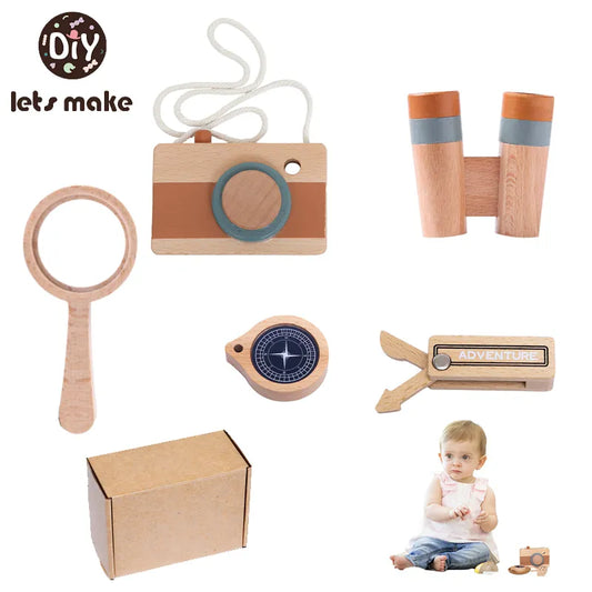 5pc/Set Wooden Children Magnificat Set Toy Wooden Pretend Binocular Camera Pendant Montessori Outdoor Activity Toy DIY Present