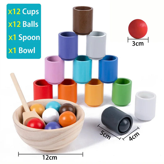 Baby Montessori Wooden Toy Rainbow Ball and Cups