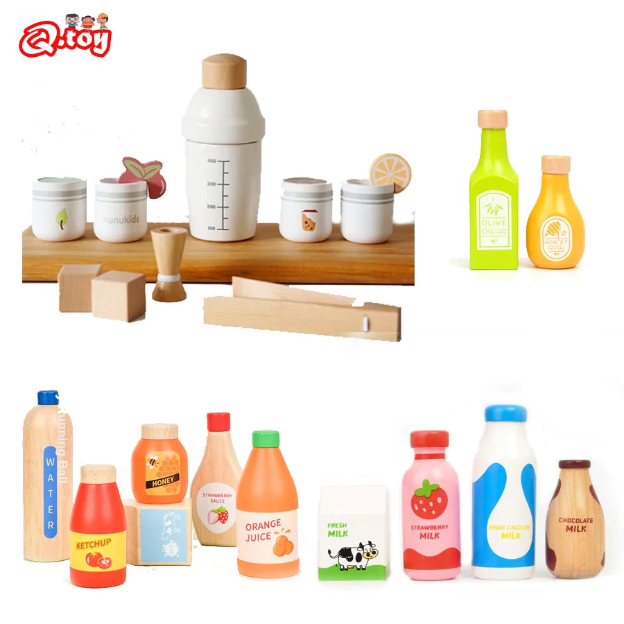 Pretend Play Wooden Drink and  Food Set, Montessori Educational Kitchen